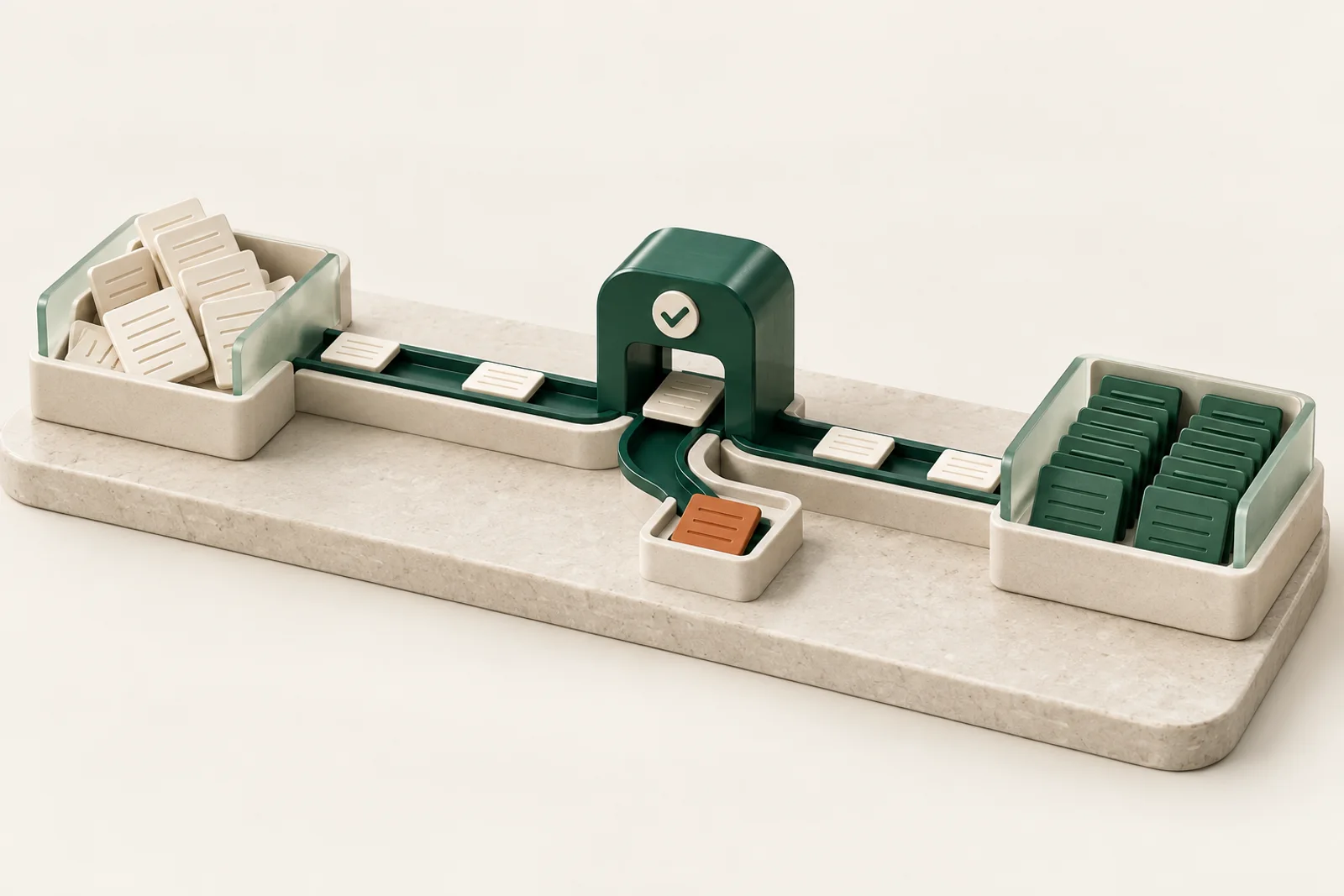 Illustration of document tiles moving between connected systems through an approval gate