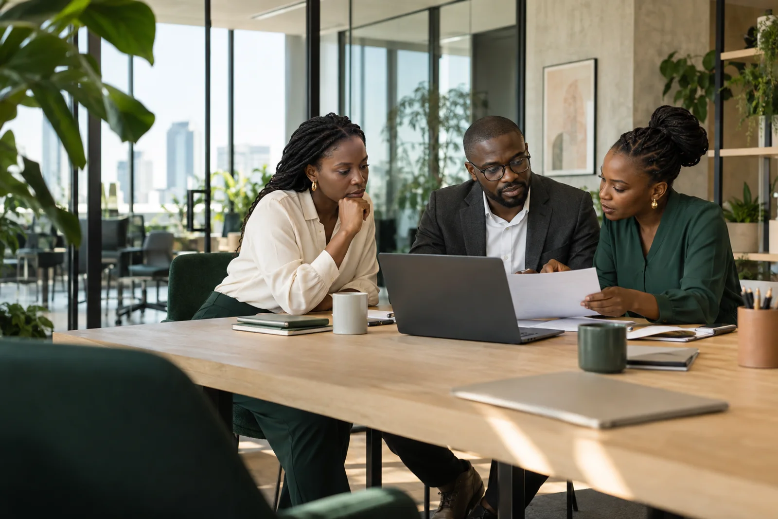 African operations professionals reviewing a document together in a modern office