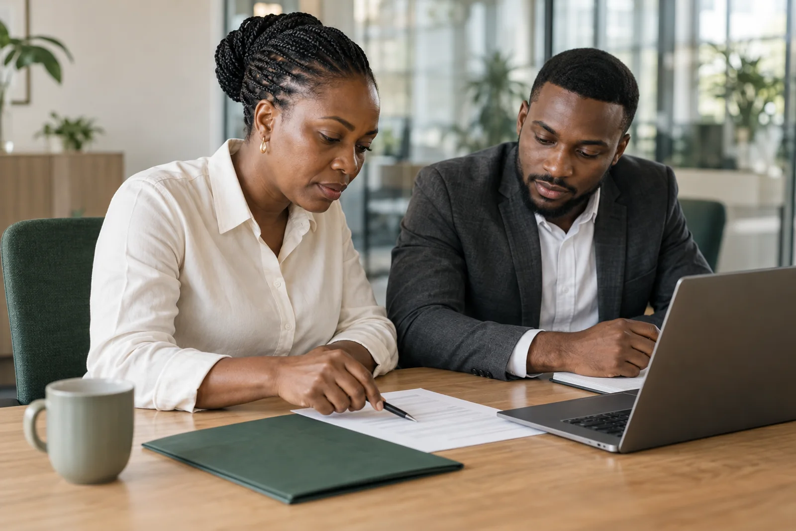 Two African finance professionals reconciling an invoice and a laptop record