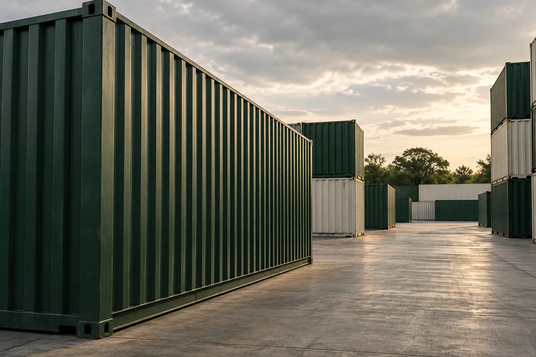 Green shipping containers at a logistics yard